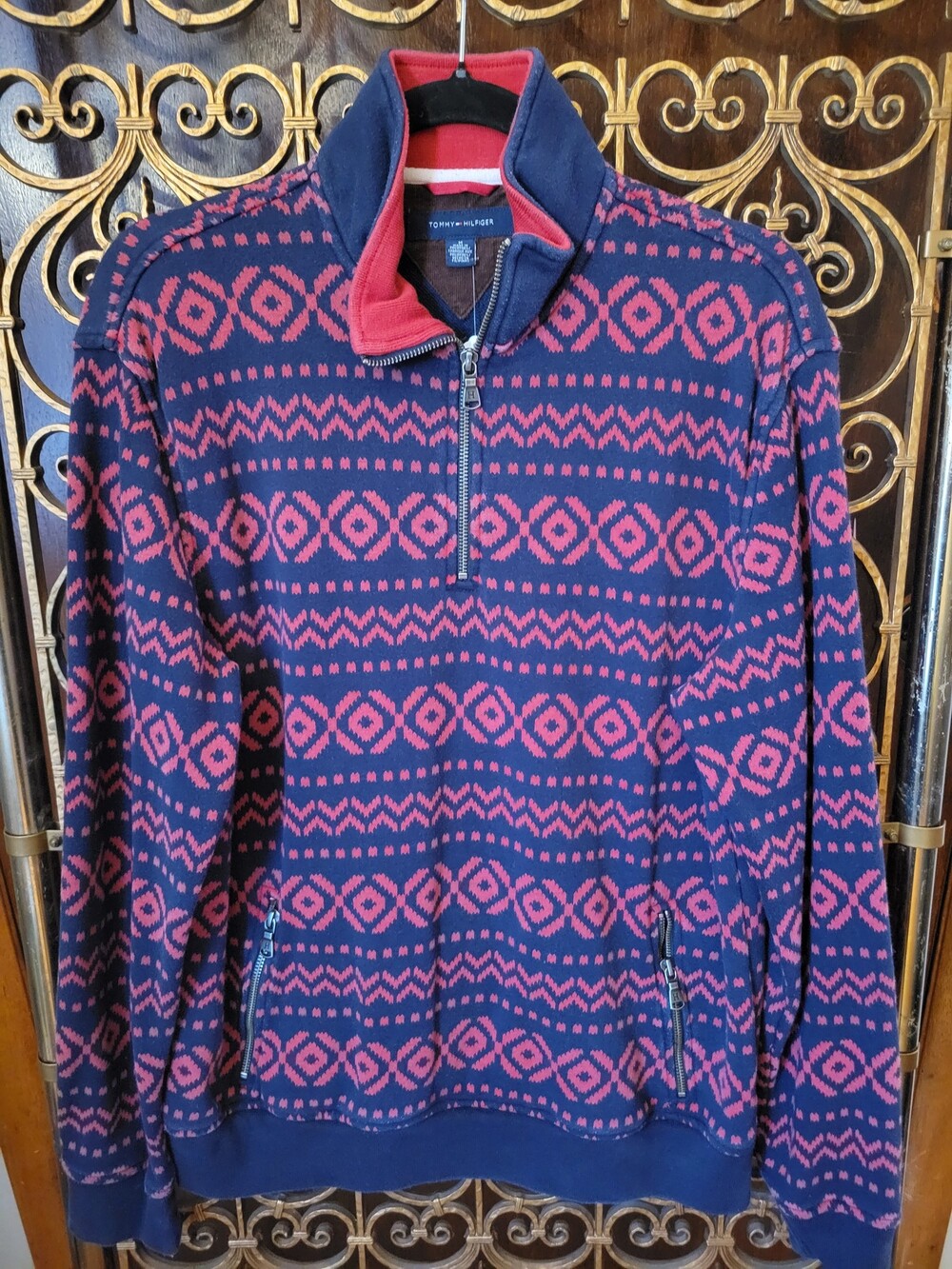Tommy Hilfiger Medium Navy Red Quarter Zip Sweater Geometric Pattern